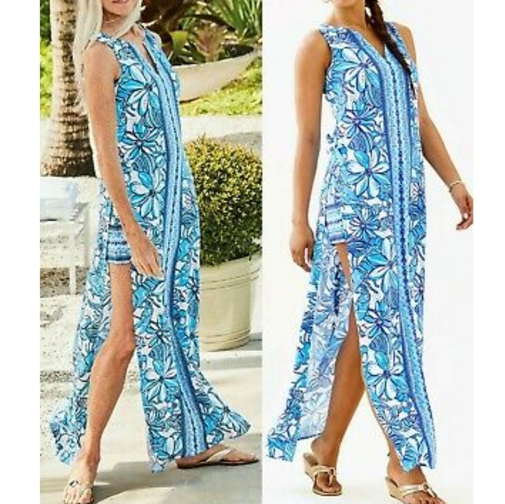 💙 Lilly Pulitzer Donna Maxi Romper Succulent Blue